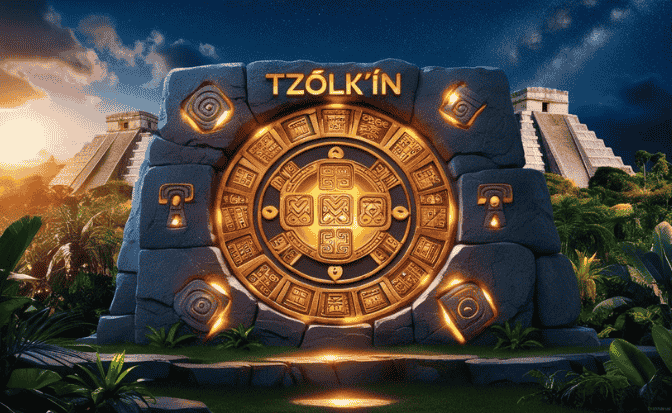 Imagen del calendario Tzolk’in maya con símbolos ancestrales brillando en un fondo de selva y pirámides mayas.