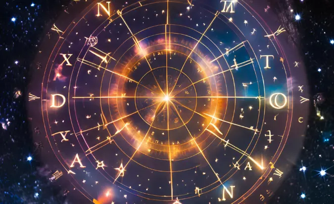 Ilustración de una carta natal con los 12 signos del zodiaco y constelaciones brillantes sobre un fondo estrellado.