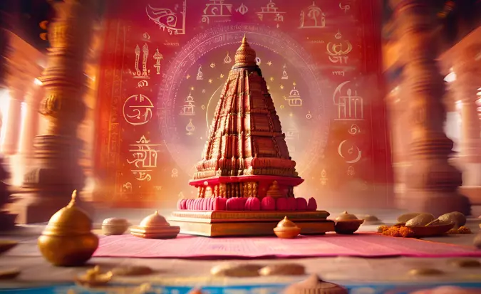 Representación de la astrología védica con un templo hindú y los 9 planetas Navagrahas sobre un pergamino sagrado.