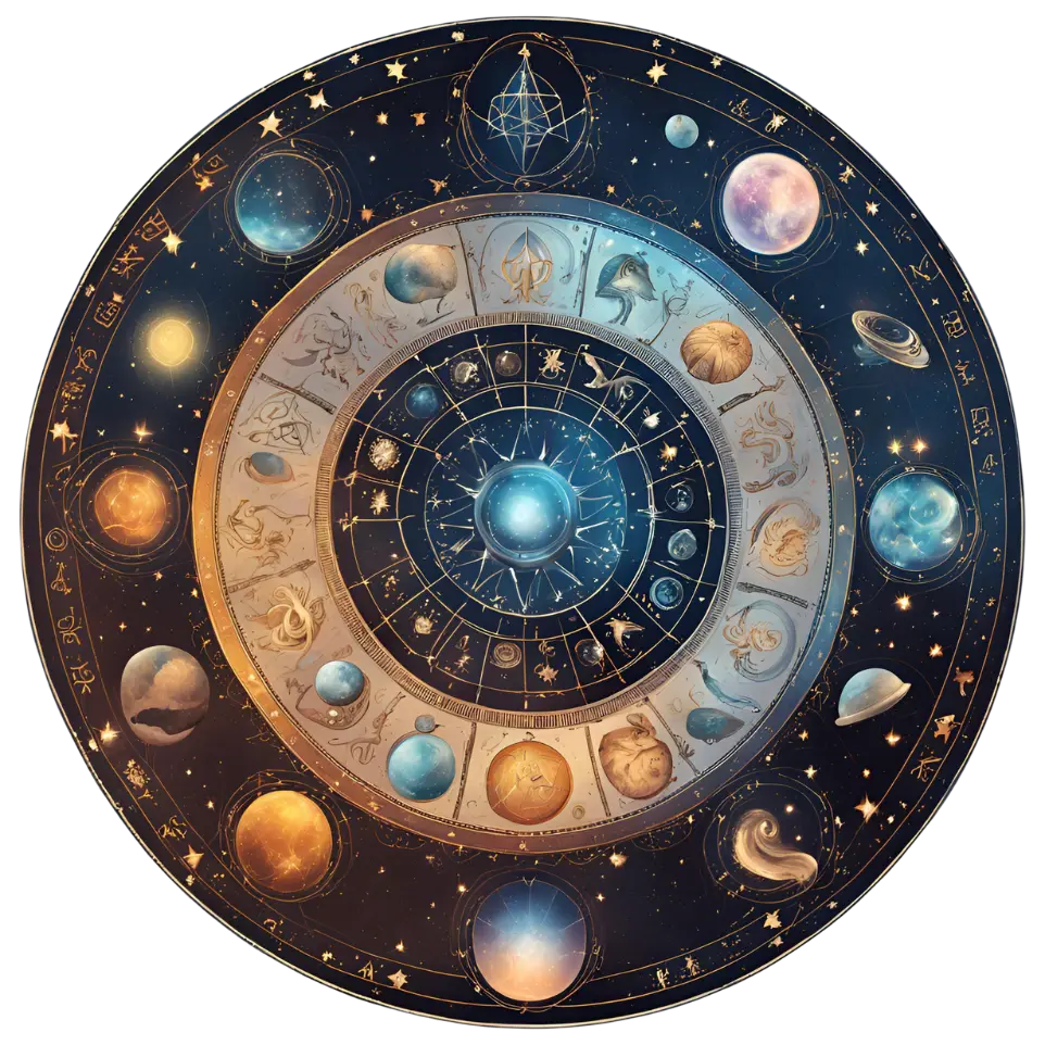 Ilustración digital mística de una rueda del zodiaco rodeada de constelaciones brillantes y un cielo celestial en tonos azul oscuro y púrpura.