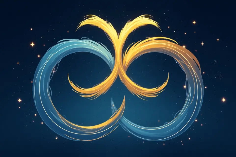 Ilustración vibrante de Géminis con dos figuras entrelazadas y el glifo del signo, sobre un fondo cósmico de estrellas con degradado azul y amarillo