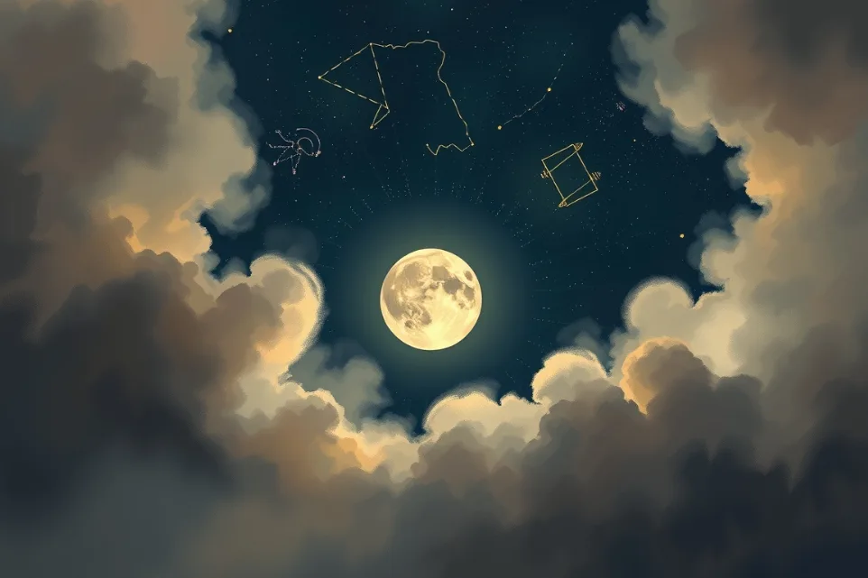Ilustración digital de una Luna mística en primer plano, rodeada de un cielo nocturno estrellado con símbolos astrológicos y constelaciones, evocando la magia de la carta astral y el autoconocimiento.