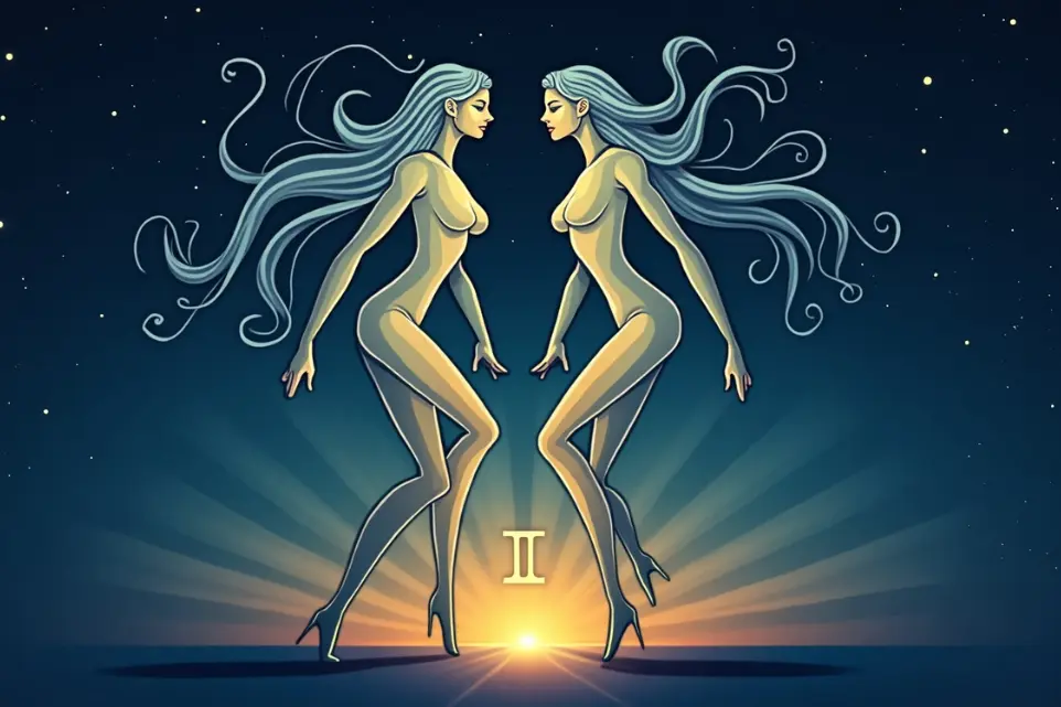 Ilustración vibrante de Géminis con dos figuras entrelazadas y el glifo del signo, sobre un fondo cósmico de estrellas con degradado azul y amarillo