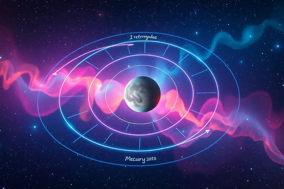 Ilustración de Mercurio retrógrado con su aparente movimiento en el cielo y su influencia en la comunicación, la tecnología y la toma de decisiones.