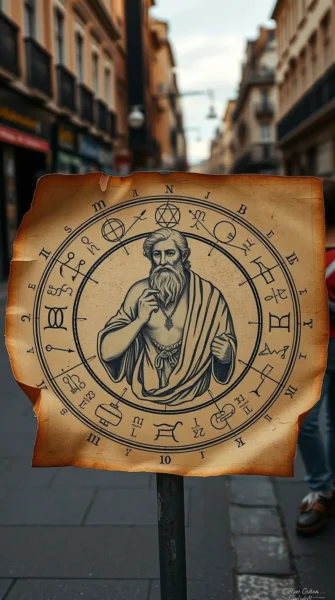 Ilustración vintage de Hipócrates sosteniendo un pergamino con su famosa frase sobre astrología médica, rodeado por un círculo zodiacal que conecta los signos con partes del cuerpo humano, en un fondo estilo manuscrito antiguo con constelaciones y símbolos alquímicos