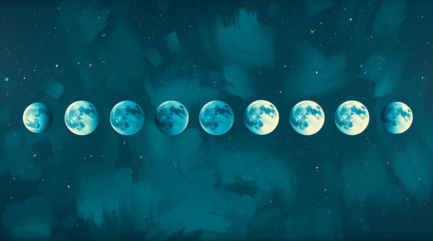 Ilustración mística de las ocho fases de la Luna en un cielo estrellado, representando su energía y conexión con el crecimiento personal.