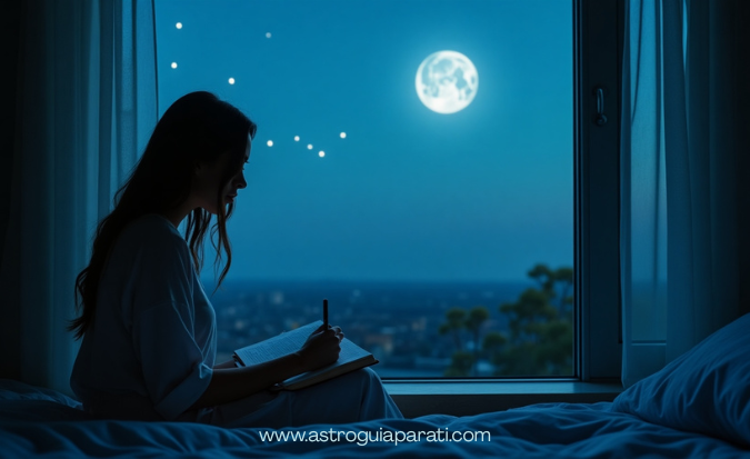 Mujer escribiendo intenciones bajo la Luna Nueva en Géminis, rodeada de símbolos astrológicos y energía creativa.