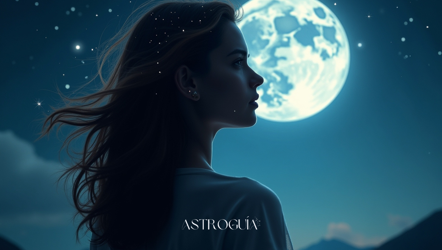 Ilustración de una mujer de espaldas mirando una Luna Llena gigante, simbolizando la conexión espiritual entre la Luna y el mundo emocional.