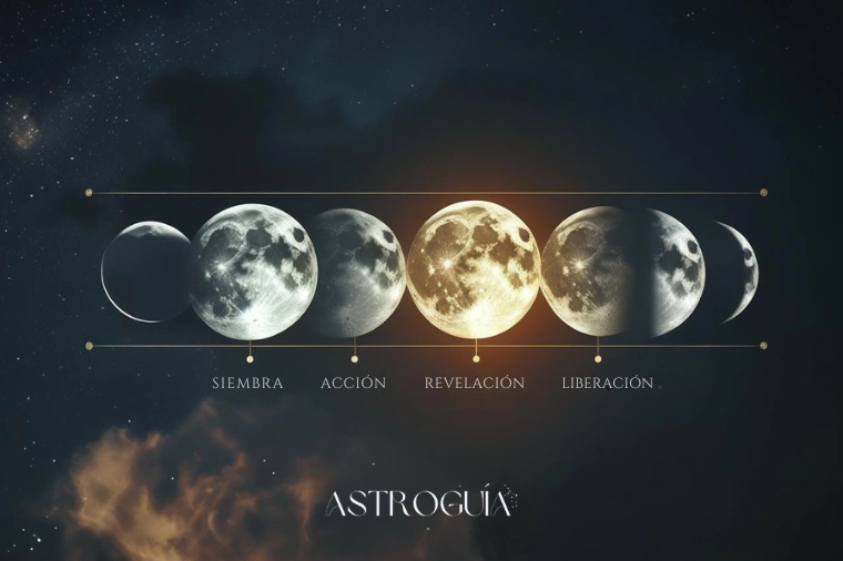 Infografía de las cuatro fases principales de la luna y su significado espiritual: Luna Nueva para sembrar, Cuarto Creciente para actuar, Luna Llena para revelar y Cuarto Menguante para liberar.