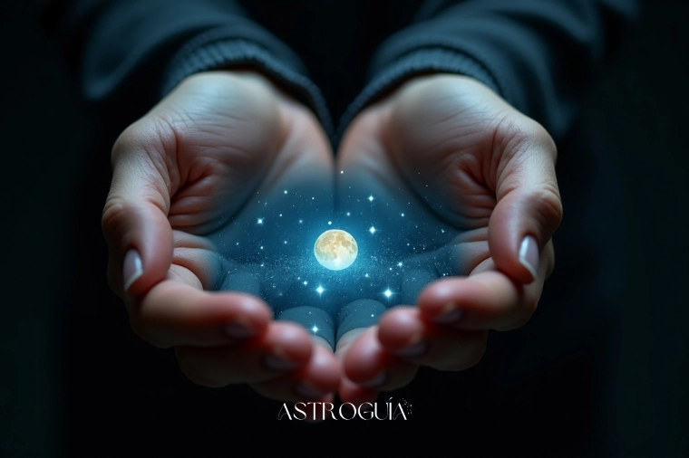 Manos sosteniendo un pequeño océano de galaxia con una luna flotante, representando cómo la Luna actúa como nuestra brújula emocional para navegar los sentimientos.