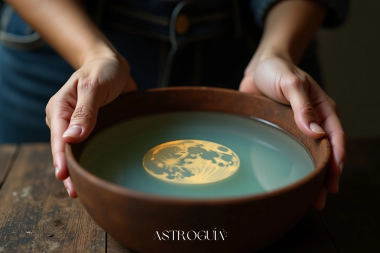 Manos de artesano sosteniendo un cuenco con agua que refleja la luna nueva, simbolizando el ritual para la poderosa Luna Nueva en Cáncer de junio 2025.