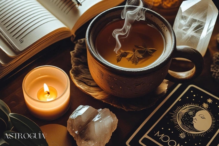 Composición de objetos para un ritual de autocuidado lunar: un diario abierto, una taza de té, un cristal de selenita y una vela encendida sobre una superficie de madera.