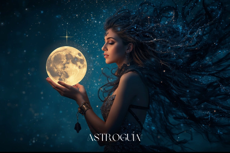 Ilustración mística de la diosa de la noche sosteniendo la Luna Llena en Acuario de agosto 2025, simbolizando el despertar espiritual y la guía astrológica del evento.
