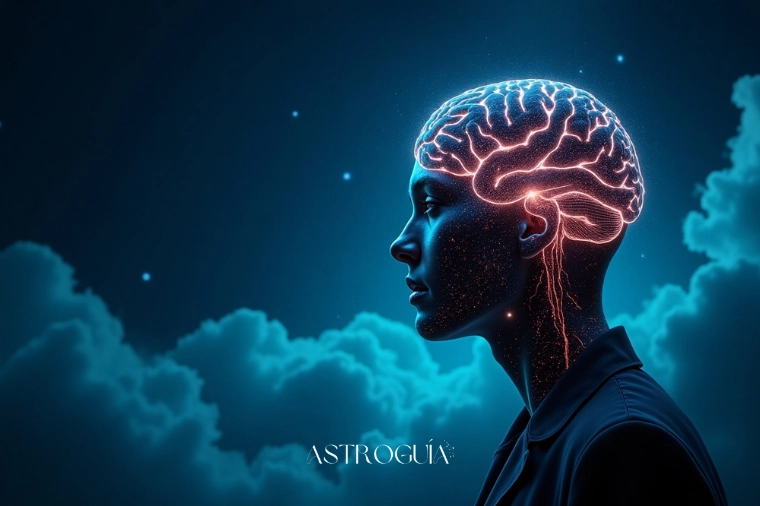 Ilustración de un cerebro de red neuronal brillante sobre un fondo de estrellas, representando el tránsito de Urano en Géminis.