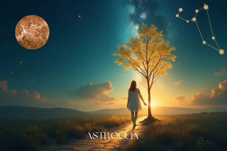 Ilustración simbólica del viaje astrológico durante la temporada Leo 2025. Una figura cuida un árbol luminoso de letras (Quirón en Casa 5) que crece de una grieta dorada, representando la sanación de la herida creativa para servir a otros.