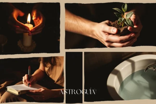 Un collage fotográfico estilizado con cuatro imágenes. Arriba a la izquierda: unas manos encendiendo una vela (Fuego). Arriba a la derecha: unas manos plantando una pequeña planta en tierra fértil (Tierra). Abajo a la izquierda: una persona escribiendo en un diario con el viento moviendo las páginas (Aire). Abajo a la derecha: un primer plano de un baño relajante con pétalos de flores (Agua). Estilo lifestyle, cálido y acogedor