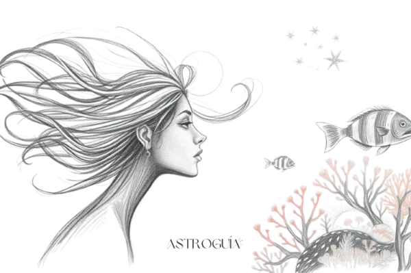 Una escena submarina mágica para el elemento Agua. Una mujer con cabello flotante nada entre peces luminosos y corales brillantes.