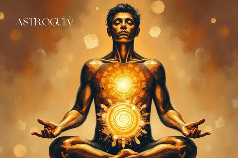 persona encontrando su sol interior, meditando mientras un orbe de luz dorada crece en su pecho, irradiando hacia afuera