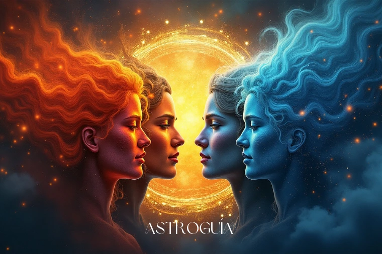 Ilustración cósmica de los cuatro elementos de la astrología: Fuego, Tierra, Aire y Agua, en equilibrio
