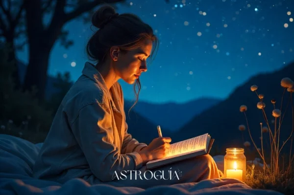 Mujer escribiendo intenciones bajo cielo estrellado con constelación Virgo durante Luna Nueva