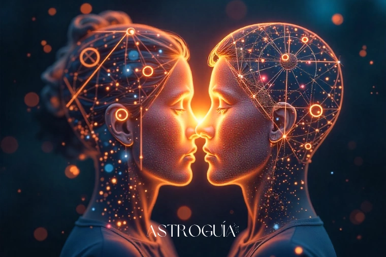 Pareja conectada espiritualmente con mapas estelares y símbolos zodiacales en sus cabezas, representando la compatibilidad astrológica en el amor, fondo cósmico oscuro con luces cálidas
