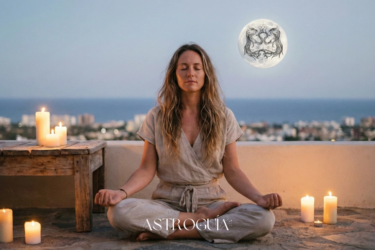mujer medita con luna llena en geminis