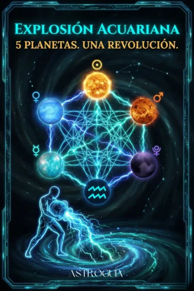 Infografía de Astroguía titulada "EXPLOSIÓN ACUARIANA 5 PLANETAS. UNA REVOLUCIÓN.". Muestra los símbolos astrológicos de cinco planetas: Sol, Venus, Mercurio, Marte y Plutón, conectados por una red geométrica y el símbolo de Acuario, con una figura vertiendo energía.