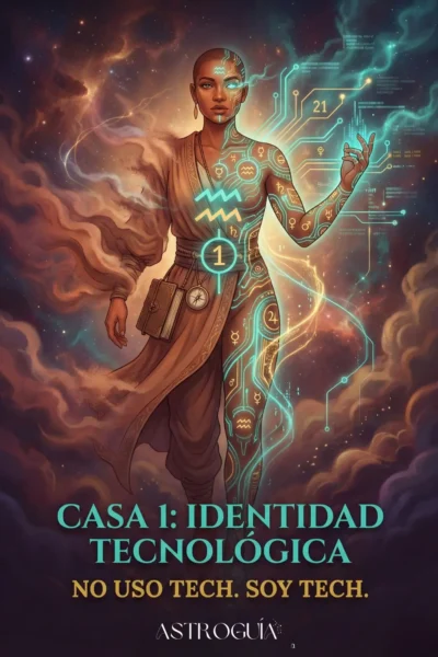 Ilustración artística de la Casa 1 en Astrología mostrando la fusión humano-tecnología. Una figura femenina dividida: mitad tradicional con libros y túnica, mitad futurista con circuitos de luz turquesa y símbolos de Acuario. Texto: "Casa 1: Identidad Tecnológica. No uso tech. Soy tech."