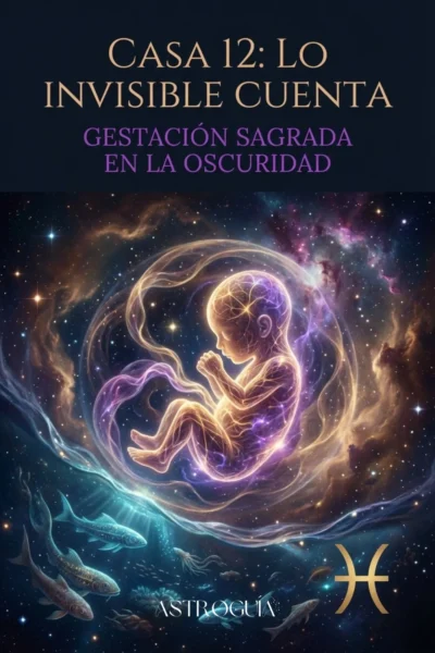 Ilustración mística que representa la Casa 12 en astrología. Muestra un feto cósmico hecho de luz dorada y púrpura gestándose dentro de una nebulosa en forma de útero, sumergido en las profundidades de un océano oscuro rodeado de peces y estrellas. El texto superior dice "CASA 12: LO INVISIBLE CUENTA" y el subtítulo "GESTACIÓN SAGRADA EN LA OSCURIDAD". Incluye el número 12, el glifo de Piscis (♓) y la marca "ASTROGUÍA".