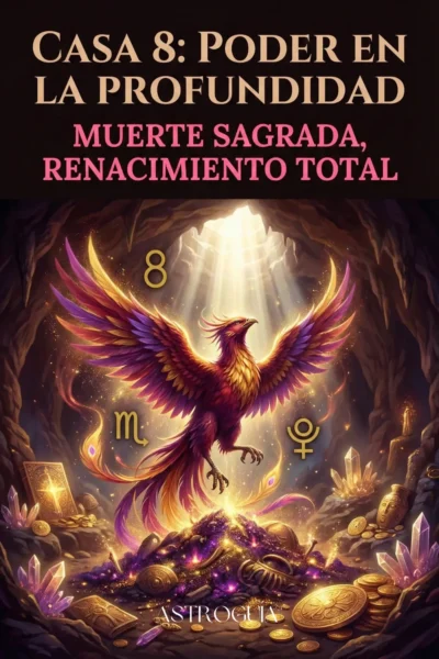 Ilustración mística de un fénix con plumaje rojo, morado y dorado emergiendo de una pila de tesoros y cristales en una cueva profunda e iluminada por un rayo de luz superior. Incluye los símbolos astrológicos de la Casa 8 (un '8'), Escorpio (♏) y Plutón (♇). El texto superior dice "CASA 8: PODER EN LA PROFUNDIDAD" y el subtítulo "MUERTE SAGRADA, RENACIMIENTO TOTAL". La marca "ASTROGUÍA" está en la parte inferior.
