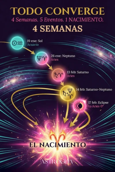Infografía de línea de tiempo astrológica titulada "Todo Converge". Muestra la aceleración de eventos entre el 19 de enero y el 17 de febrero de 2026 (Sol en Acuario, Neptuno y Saturno entrando en Aries, y el Eclipse), culminando en un punto de "Nacimiento" energético.