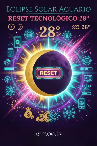 Ilustración vibrante del Eclipse Solar en Acuario mostrando un botón de neón de "RESET" en el centro del sol oscurecido. Rodeado de iconos de inteligencia artificial, tecnología y finanzas transformándose. Texto: "Eclipse Solar Acuario - Reset Tecnológico 28°".