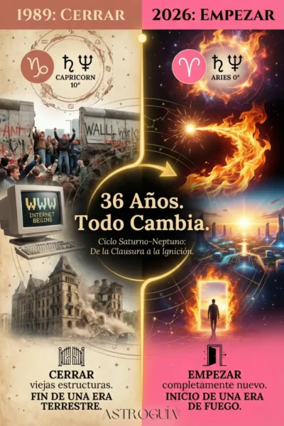 Infografía comparativa del ciclo astrológico Saturno-Neptuno. A la izquierda, "1989: CERRAR" en tonos sepia, con la caída del Muro de Berlín, una computadora antigua con "WWW INTERNET BEGINS" y los símbolos de Capricornio, Saturno y Neptuno a 10°. Texto: "CERRAR viejas estructuras. FIN DE UNA ERA TERRESTRE.". A la derecha, "2026: EMPEZAR" en tonos vibrantes de fuego, con una ciudad futurista, una puerta de fuego y los símbolos de Aries, Saturno y Neptuno a 0°. Texto: "EMPEZAR completamente nuevo. INICIO DE UNA ERA DE FUEGO.". En el centro, "36 Años. Todo Cambia. Ciclo Saturno-Neptuno: De la Clausura a la Ignición.". La marca "ASTROGUÍA" está en la parte inferior.