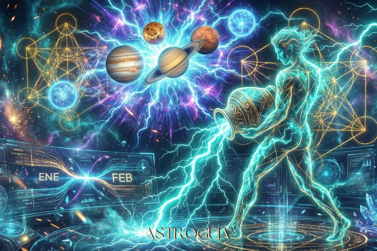 Ilustración artística para el Mes de Acuario 2026, mostrando energía cósmica explosiva y eléctrica emanando del cántaro del aguador, simbolizando una revolución inminente y el nacimiento de una nueva etapa.