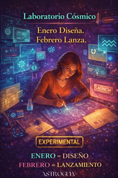 Ilustración de un "Laboratorio Cósmico" astrológico con una mujer trabajando en planos holográficos. El diseño marca una estrategia clara: "Enero = Diseño" y "Febrero = Lanzamiento". Muestra la fase experimental antes de la acción en la Temporada Acuario 2026.