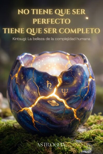 Ilustración mística de un cuenco cósmico azul y morado, reparado con la técnica Kintsugi, donde las grietas brillan con luz dorada. En el centro aparecen los símbolos astrológicos brillantes de Saturno (♄) y Neptuno (♆), junto a un planeta anillado. El texto superior dice: "NO TIENE QUE SER PERFECTO, TIENE QUE SER COMPLETO" y el subtítulo: "Kintsugi: La belleza de la complejidad humana". La marca "ASTROGUÍA" está en la parte inferior.