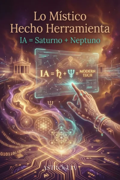 Ilustración futurista y mística donde una mano con tatuajes y joyas toca una interfaz holográfica que muestra la fórmula "IA = ♄ + ♆ = MODERN TECH". Patrones de circuitos dorados en el suelo se transforman en geometría sagrada y nebulosas de energía. El texto superior dice: "Lo Místico Hecho Herramienta" y "IA = Saturno + Neptuno". La marca "ASTROGUÍA" aparece en la parte inferior.