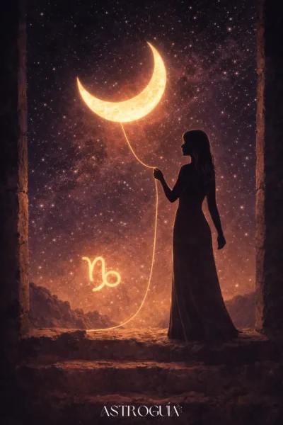 Silencio femenino sosteniendo un hilo dorado conectado a la Luna Nueva en Capricornio, símbolo de iniciación, madurez emocional y fuerza interior bajo un cielo nocturno púrpura.
