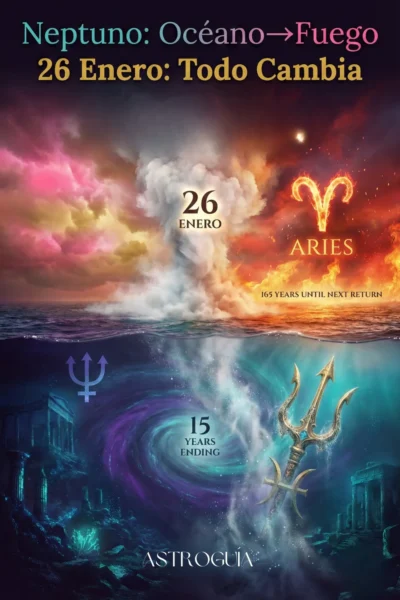 Infografía del tránsito planetario de Neptuno entrando en Aries el 26 de enero de 2026. La imagen muestra una división elemental dramática: abajo el tridente de Neptuno en el océano de Piscis (fin de ciclo de 15 años) y arriba la explosión de fuego de Aries. Texto: "Neptuno: Océano a Fuego. 26 Enero: Todo Cambia".