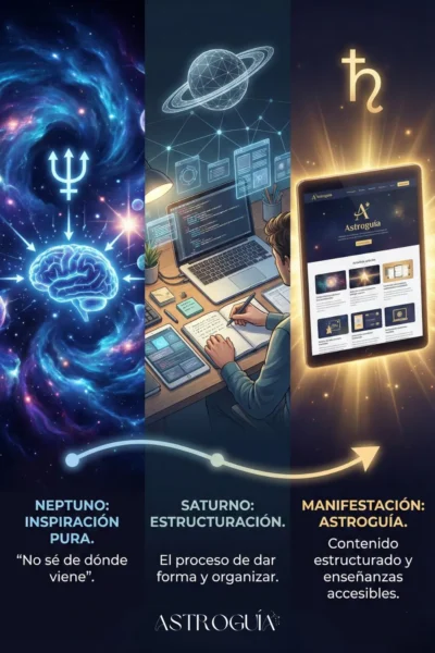Infografía de tres pasos sobre el proceso de manifestación. A la izquierda, "NEPTUNO: INSPIRACIÓN PURA" con un cerebro brillante y el símbolo de Neptuno. En el centro, "SATURNO: ESTRUCTURACIÓN" con una persona trabajando en una computadora y el símbolo de Saturno. A la derecha, "MANIFESTACIÓN: ASTROGUÍA" con una tablet mostrando un sitio web y el símbolo de Saturno. Una flecha conecta los tres pasos.