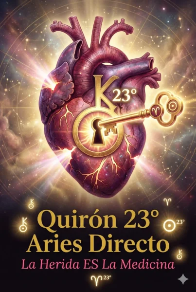 Ilustración mística de un corazón anatómico agrietado, del cual emana luz dorada y rosada. Una llave dorada con el símbolo de Quirón (K) y Aries está insertada en una cerradura en el centro del corazón. El texto dice "K 23°", "Quirón 23° Aries Directo", y "La Herida ES La Medicina". Símbolos astrológicos de Quirón, el Sol y Aries están presentes en el fondo estrellado.