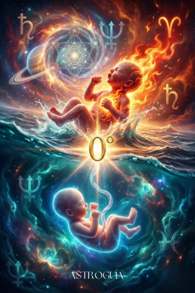 Ilustración cósmica de un renacimiento astrológico. En la parte inferior, un bebé flota en posición fetal dentro de las aguas azules y nebulosas de Neptuno y Piscis. En la parte superior, el mismo bebé emerge del agua, tomando su primer aliento de fuego en un entorno de llamas naranjas y rojas, rodeado por los símbolos de Saturno y Aries. Un gran símbolo dorado de "0°" brilla en la línea divisoria, marcando el punto exacto de la transición y el nacimiento.