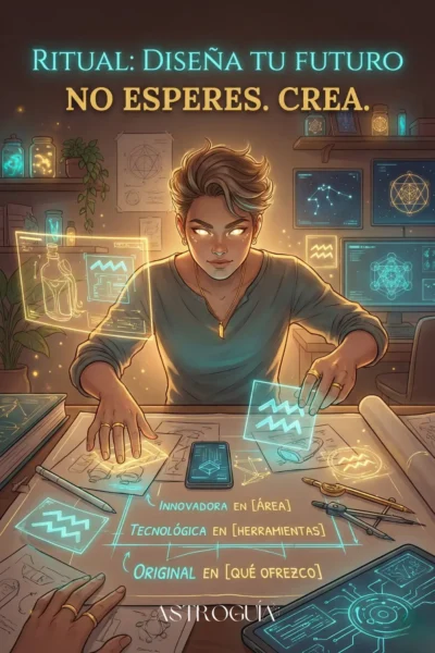 Ilustración de un ritual de astrología moderna donde una persona diseña su futuro utilizando hologramas tecnológicos y símbolos de Acuario. El diseño incluye el texto "Ritual: Diseña tu futuro. No esperes. Crea." y esquemas de planificación.