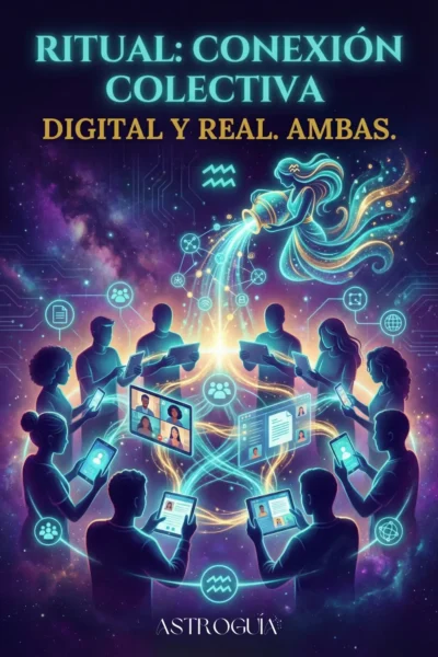 Ilustración de un ritual de comunidad para la Temporada Acuario 2026. Un círculo de personas diversas conectadas mediante dispositivos digitales y luz turquesa, bajo la figura del aguador vertiendo energía. Texto: "Ritual: Conexión Colectiva. Digital y Real. Ambas."