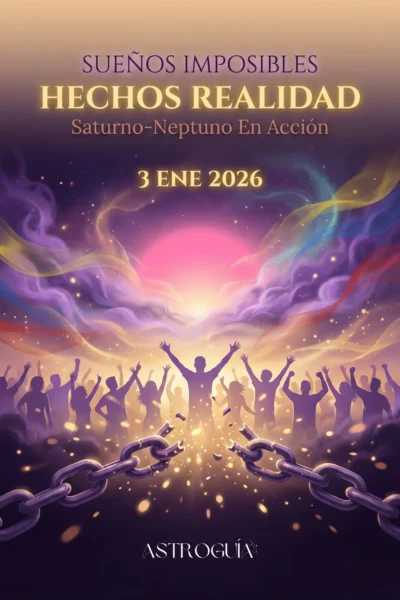 Ilustración vibrante y mística de la "Ruptura de Cadenas" cósmica. Muestra una silueta humana central con los brazos levantados en triunfo, rompiendo eslabones metálicos que explotan en chispas doradas. Detrás, una multitud celebra entre nubes de colores morado, rosa y dorado bajo un sol brillante. El texto superpuesto dice: "SUEÑOS IMPOSIBLES HECHOS REALIDAD", "Saturno-Neptuno En Acción" y "3 ENE 2026". La marca "ASTROGUÍA" aparece en la parte inferior.