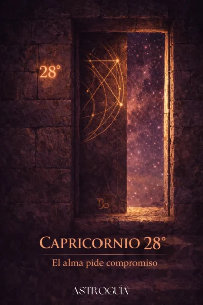 Energía del grado 28 de Capricornio: Ilustración de estructura y espiritualidad para la Luna Nueva. Texto: El alma pide compromiso - AstroGuía.