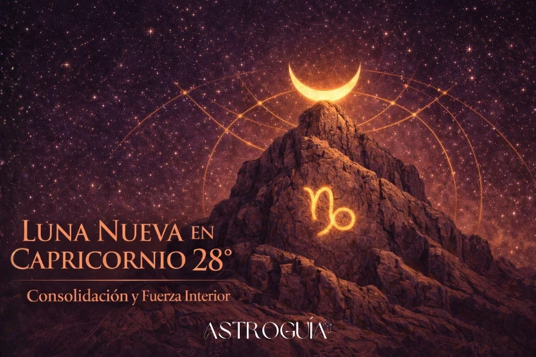Montaña de piedra ancestral bajo un cielo nocturno sagrado con Luna creciente elevándose detrás del pico y glifo de Capricornio tallado en la roca, símbolo de consolidación y madurez interior.