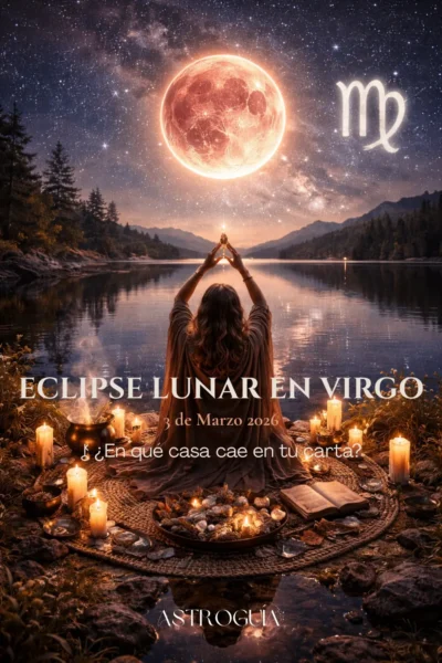 Eclipse lunar en Virgo 3 de marzo 2026 - luna llena reflejada en agua con elementos de tierra y ritual astrológico