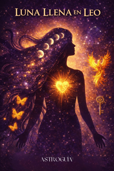 Ilustración espiritual de Luna Llena en Leo con mujer de silueta oscura y corazón dorado brillante, fases lunares en el cabello, mariposas, ave fénix y llave dorada; simboliza transformación, Casa 8 y sanación emocional.