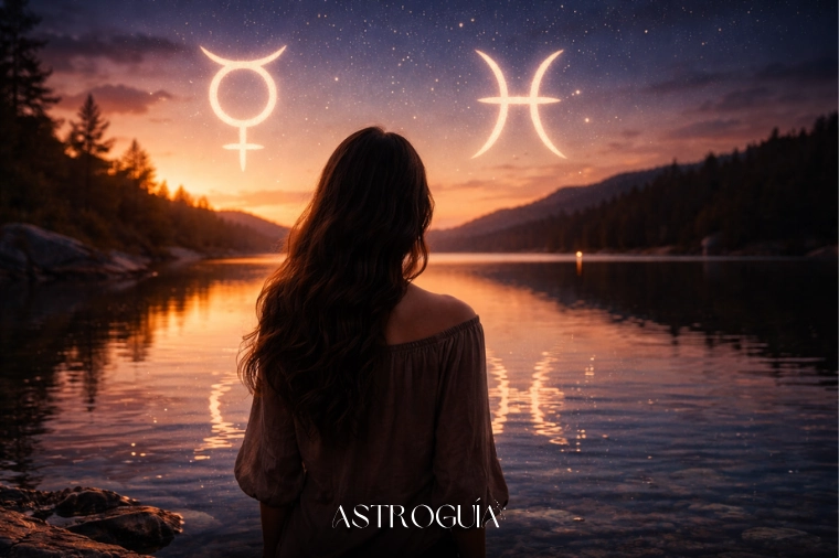 Mercurio retrógrado en Piscis 2026 - mujer contemplando cielo nocturno con símbolos astrológicos de Piscis y Virgo reflejados en agua